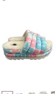 UGG Maxi Slide Logo Platform Shoes Pink Blue White, Size 7.